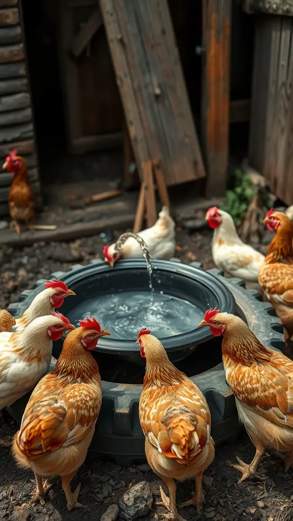 17 Creative DIY Chicken Waterer Ideas for Your Coop 10 Chickens drinking water from an old tire waterer