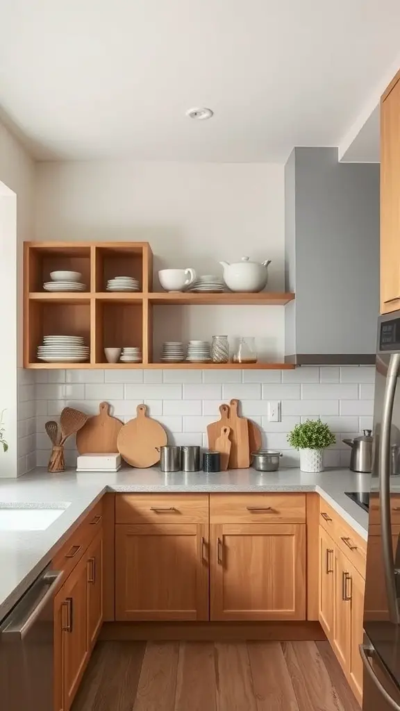 29 Stunning Kitchen Makeover Ideas for a Fresh Look 11 A cozy kitchen featuring open shelving with plates and bowls, alongside closed wooden cabinets, creating a warm and inviting atmosphere.