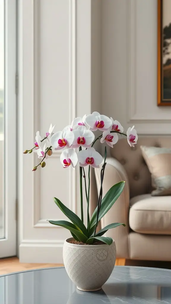 A beautiful white orchid with pink accents in a decorative pot on a table next to a sofa, showcasing elegant indoor plant decor.