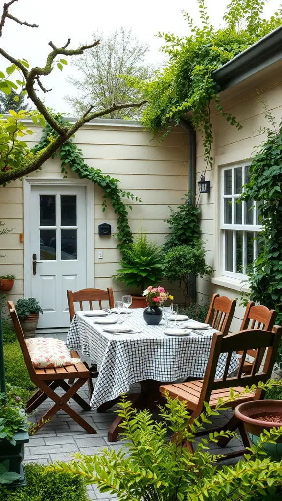 23 Creative Corner Garden Ideas for Your Backyard 23 Cozy outdoor dining area with a checkered tablecloth, wooden chairs, and surrounding greenery