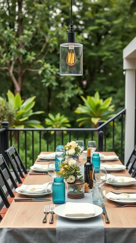 29 Stylish Deck Decorating Ideas You Need to Try 5 A beautifully arranged outdoor dining table set with blue glasses, floral centerpiece, and a warm hanging light.