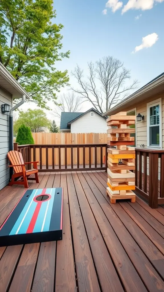 15 Inspiring Outdoor Deck Decorating Ideas to Transform Your Space 16 An outdoor deck with a bean bag toss game and a giant Jenga set.
