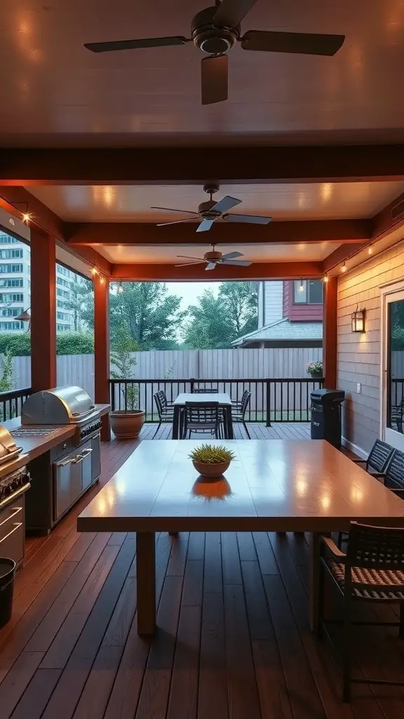 17 Stunning Modern Deck Ideas for Your Outdoor Space 5 A stylish outdoor kitchen and dining area with a grill, large wooden table, and comfortable seating.