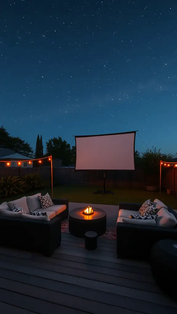 27 Creative DIY Outdoor Sectional Ideas for Your Backyard Retreat 15 Outdoor movie night setup with a large screen, cozy sectional seating, and a fire pit under a starry sky.