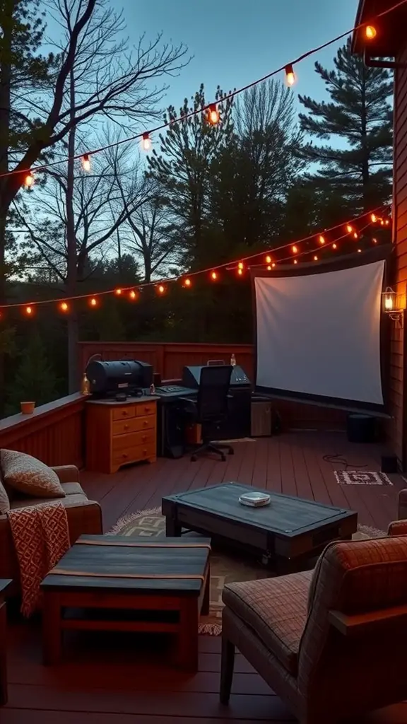19 Charming Back Deck Decorating Ideas for a Cozy Outdoor Space 13 Cozy outdoor movie setup with string lights, comfortable seating, and a projector screen.