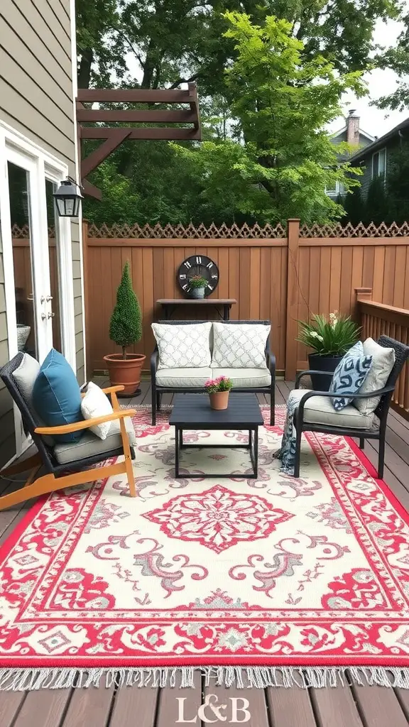 19 Charming Back Deck Decorating Ideas for a Cozy Outdoor Space 9 Cozy outdoor seating area with an elegant rug and greenery.