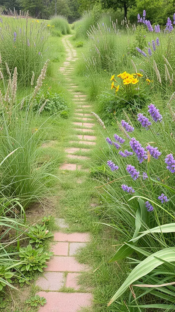 25 Stunning Brick Walkways to Enhance Your Front Door Curb Appeal 11 A winding brick pathway surrounded by tall grasses and colorful flowers.