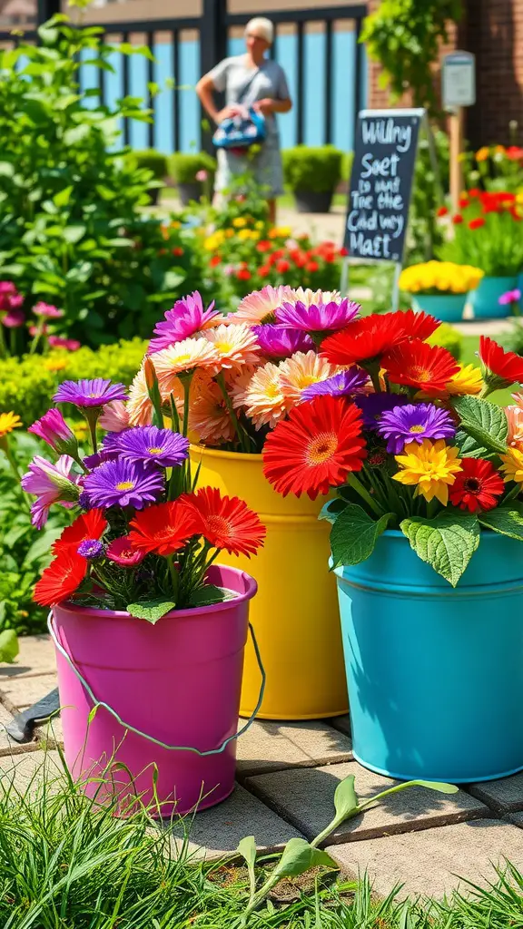 27 Creative Vase Ideas for Mother's Day Celebrations 20 Colorful painted buckets filled with flowers in a garden setting
