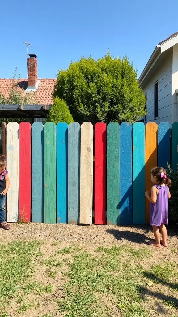 27 Affordable DIY Fence Ideas to Transform Your Yard 18 Colorful painted pallet fence with children playing nearby
