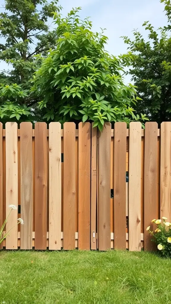 27 Affordable DIY Fence Ideas to Transform Your Yard 29 A rustic pallet wood privacy fence with a mix of wood shades, surrounded by greenery.