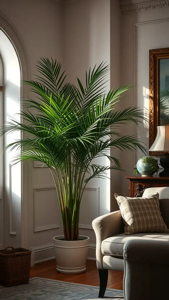 A tall Parlor Palm in a corner of a living room, next to a cozy sofa and a table with decorative items