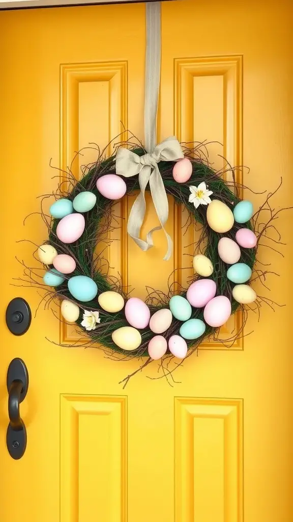 15 Beautiful DIY Spring Wreaths for Your Front Door 2 Pastel egg wreath with pink, blue, and yellow eggs on a yellow door
