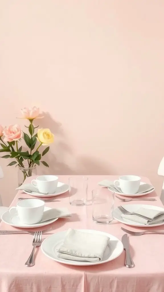 25 Creative Mother's Day Brunch Decor Ideas for Home 5 A pastel themed table setting with pink tablecloth, white plates, cups, and flowers.