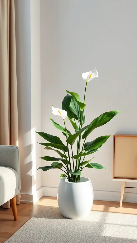 A beautiful peace lily in a white pot, placed in a bright living room corner with modern decor.