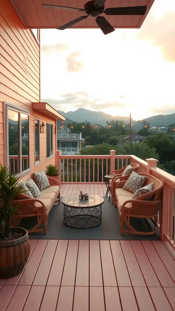 15 Stunning Deck Paint Color Ideas to Transform Your Outdoor Space 17 A cozy deck featuring peach-colored walls and flooring, with comfortable seating and a view of the mountains.