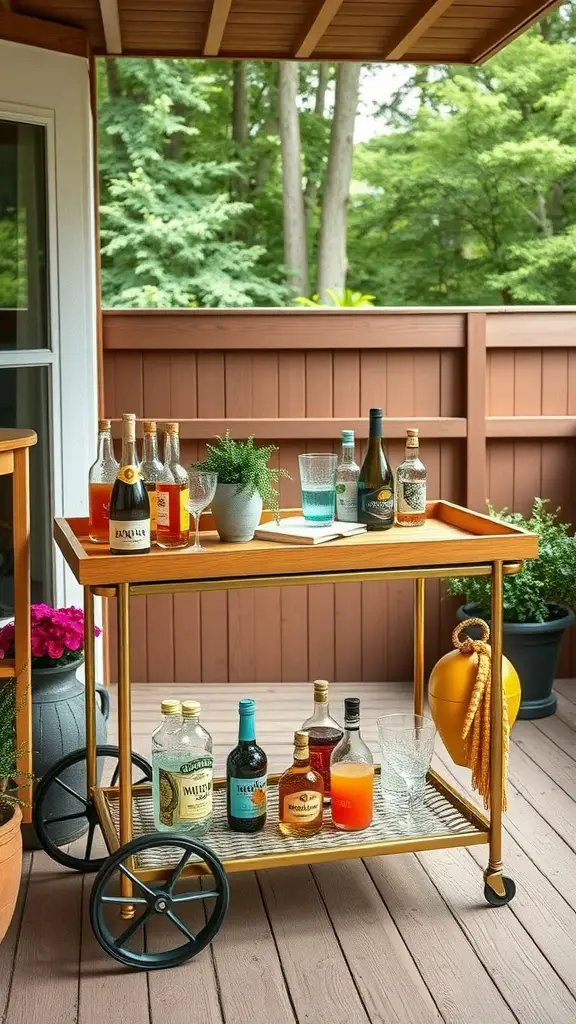 19 Charming Back Deck Decorating Ideas for a Cozy Outdoor Space 14 A stylish bar cart with various drinks and decorative elements on a back deck