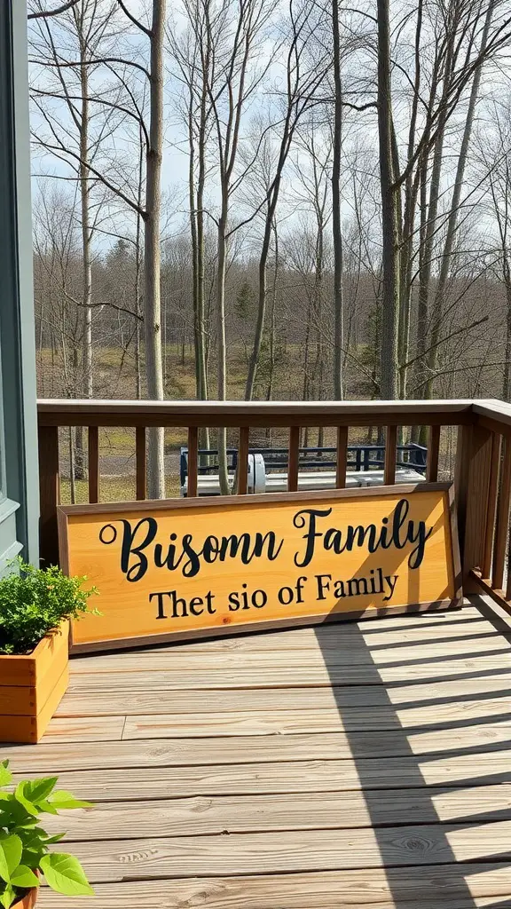 29 Stylish Deck Decorating Ideas You Need to Try 17 Personalized wooden sign 'Buisomn Family' on a deck with surrounding trees