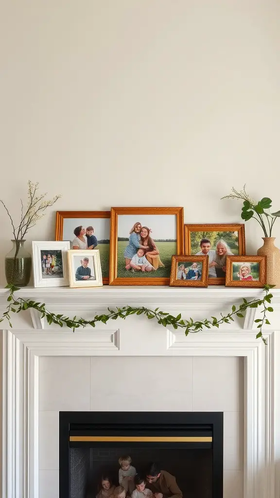 17 Charming Spring Fireplace Decor Ideas with TV Integration 13 A fireplace mantel decorated with family photos in various frames, accented with greenery and spring decorations.