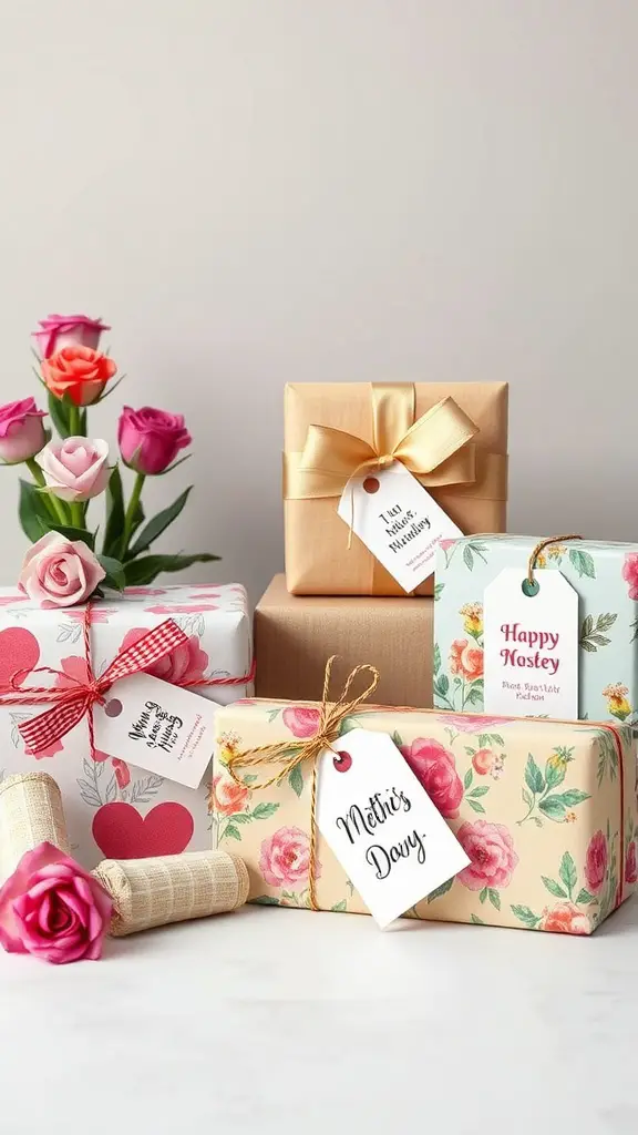 21 Creative Mother's Day Decor Ideas to Celebrate Mom 7 Various beautifully wrapped gifts for Mother's Day with floral patterns and custom tags