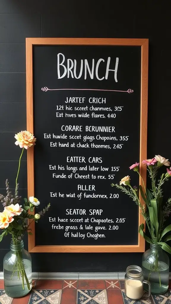 25 Creative Mother's Day Brunch Decor Ideas for Home 13 A chalkboard menu board displaying brunch items with floral decorations