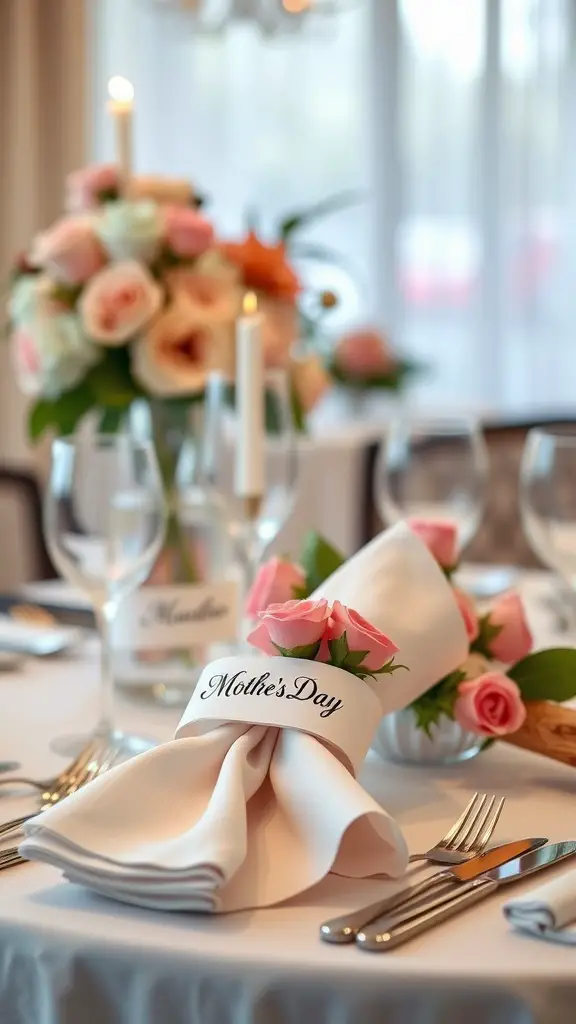 21 Creative Mother's Day Decor Ideas to Celebrate Mom 16 A beautifully set table for Mother's Day featuring personalized napkin holders with pink roses and elegant decor.