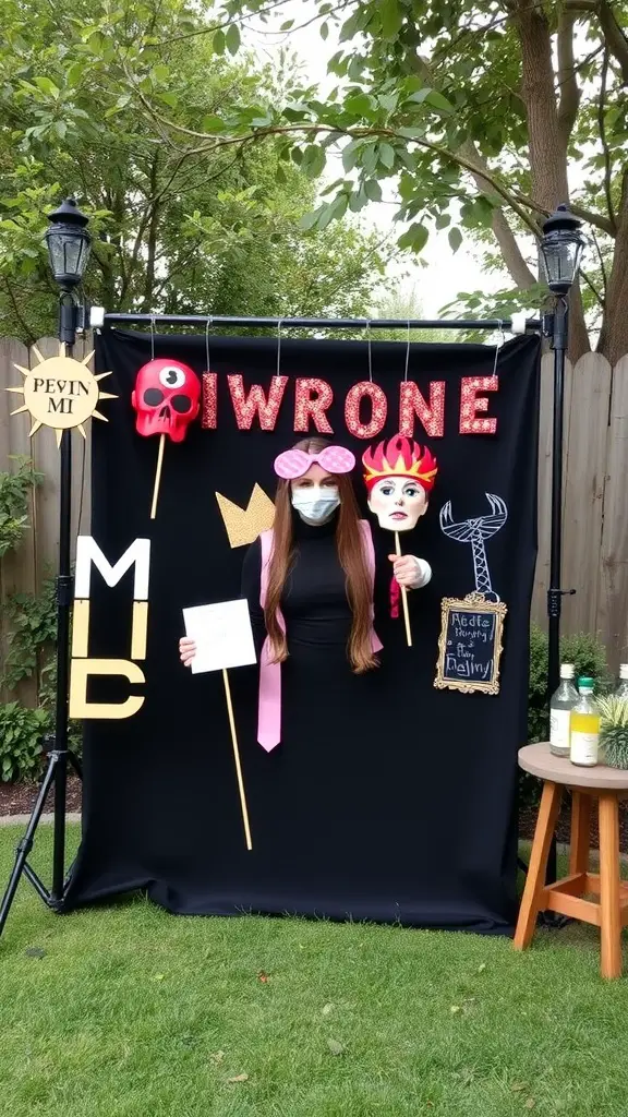 19 Creative Backyard Baby Shower Ideas You’ll Love 2 A backyard photo booth setup with a black backdrop, colorful props, and a woman posing with fun accessories.