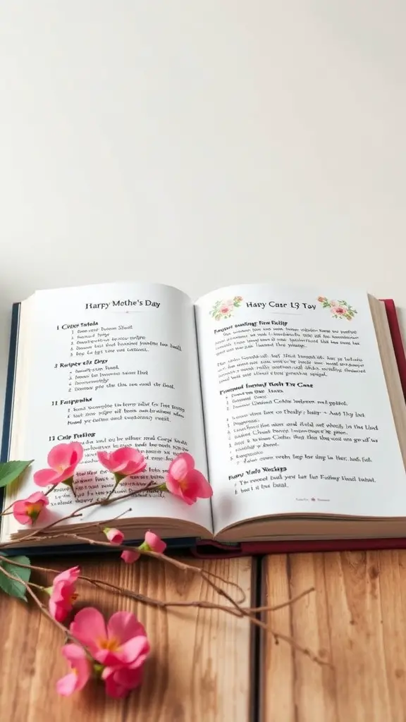 23 Creative Mother's Day Art Ideas to Celebrate Mom 22 An open personalized recipe book with floral decorations and ingredients for various dishes, placed on a wooden table with flowers.