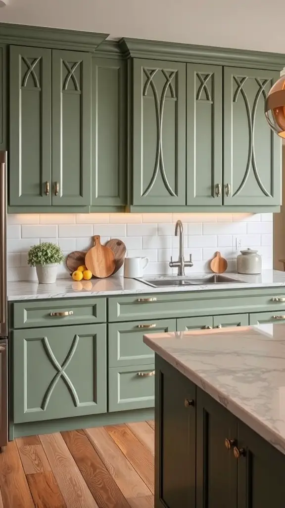 29 Stunning Sage Green Kitchen Cabinet Ideas for a Fresh Look 28 A kitchen featuring sage green cabinets, marble countertop, and wooden accents.