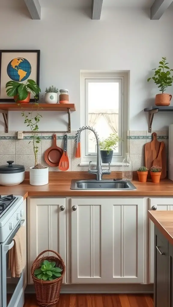 29 Stunning Kitchen Makeover Ideas for a Fresh Look 21 A cozy kitchen featuring wooden shelves with plants and utensils, brightened by natural light.