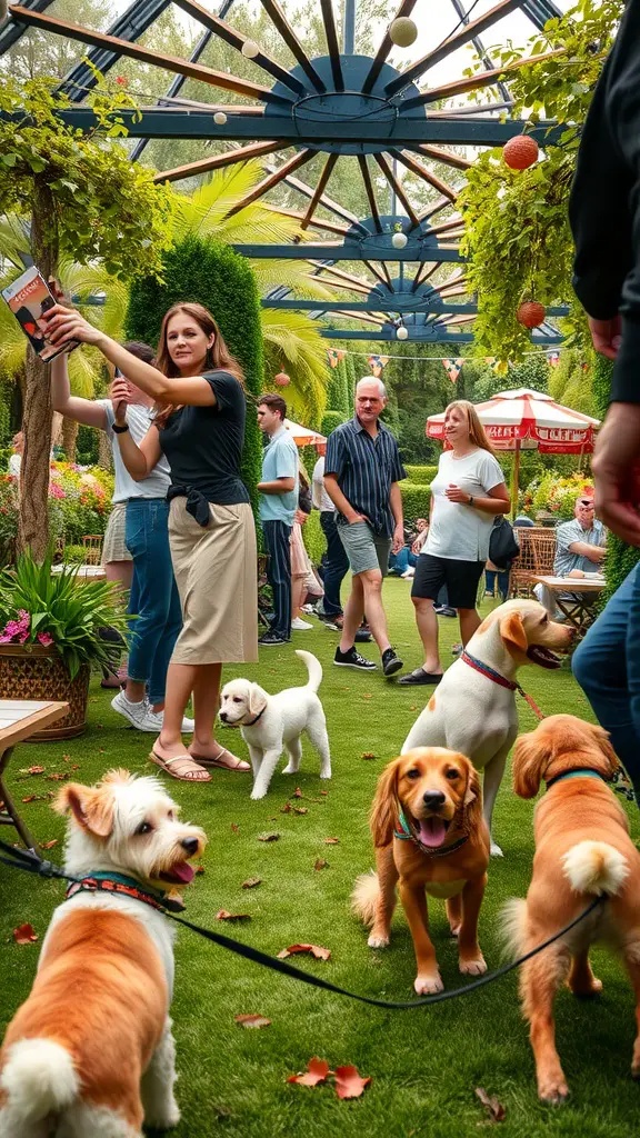 31 Creative Garden Party Ideas for Your Next Celebration 28 A lively garden party with people socializing and several dogs playing, showcasing a pet-friendly atmosphere.