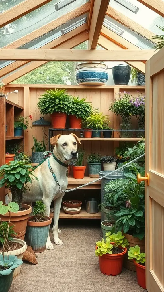 23 Stylish Potting Shed Interior Ideas for a Modern Touch 21 A cozy potting shed filled with plants and a dog sitting among the potted greenery.