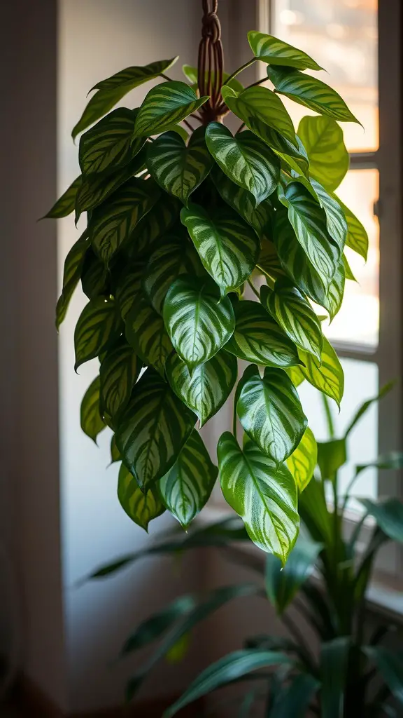 15 Gorgeous Hanging Plants Perfect for Your Windowsill 8 Hanging Philodendron Brasil plant with vibrant green and yellow leaves in front of a window