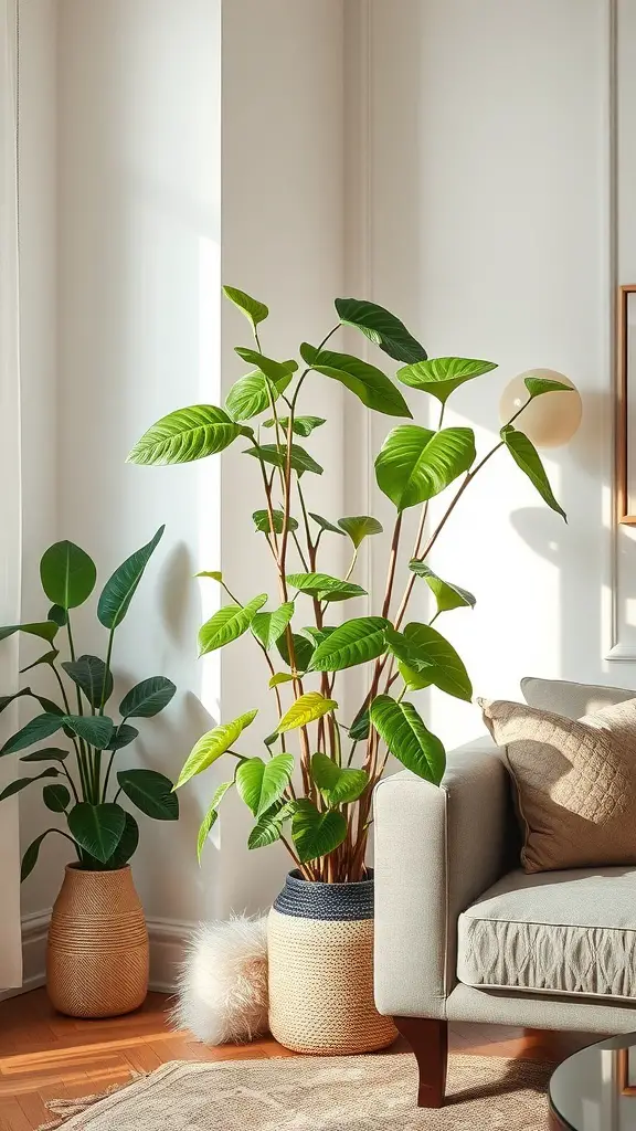 Two philodendron plants in stylish planters in a bright living room corner