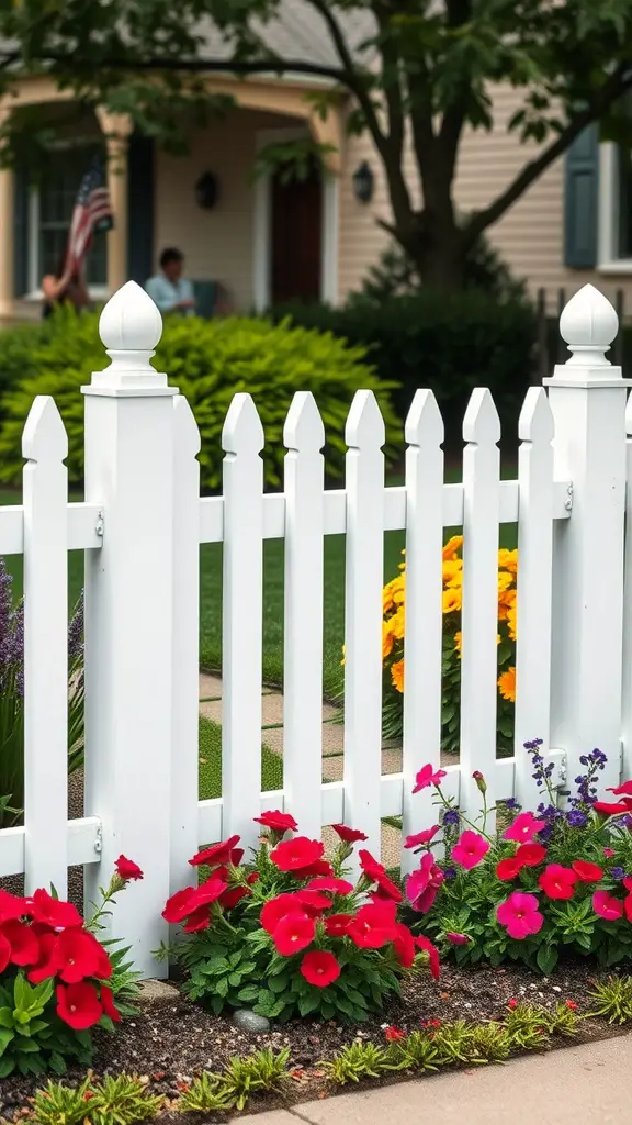 27 Affordable DIY Fence Ideas to Transform Your Yard 19 A white picket fence surrounded by colorful flower beds