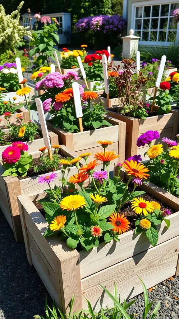 23 Stunning Planter Box Flower Combinations for Your Garden 15 Colorful flowers in wooden planter boxes, featuring various types of blooms with labeled stakes.