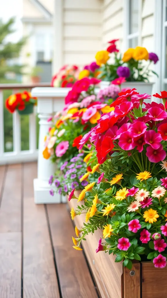 15 Inspiring Outdoor Deck Decorating Ideas to Transform Your Space 17 Colorful seasonal flowers in wooden planter boxes on a deck