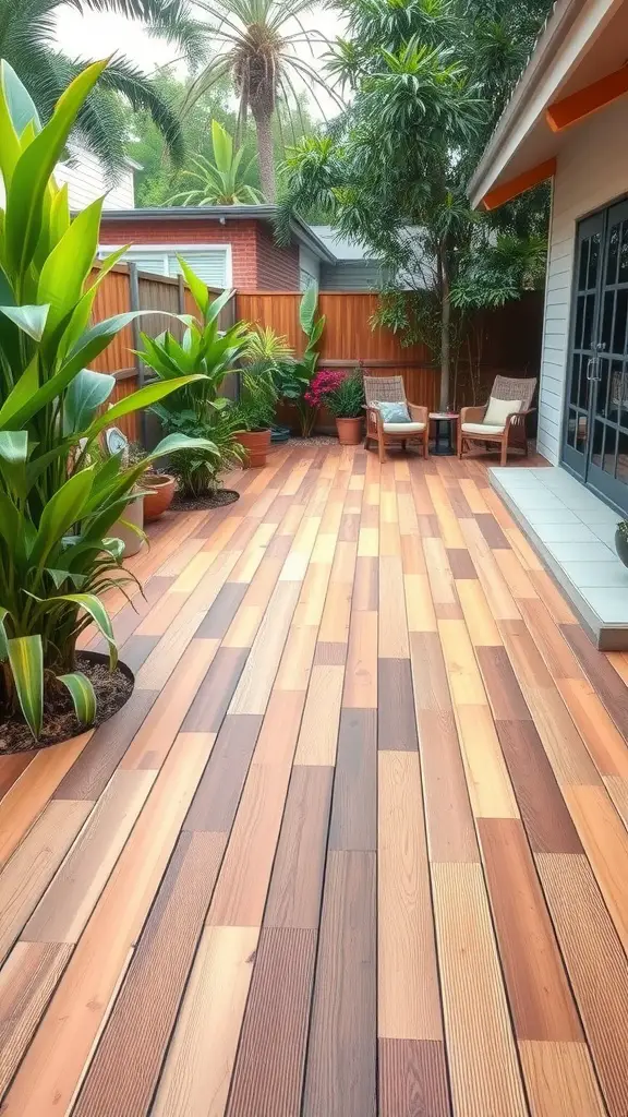 17 Creative Grass Alternative Backyard Ideas for a Stunning Outdoor Space 16 Beautiful bamboo flooring in a backyard garden surrounded by plants and seating.