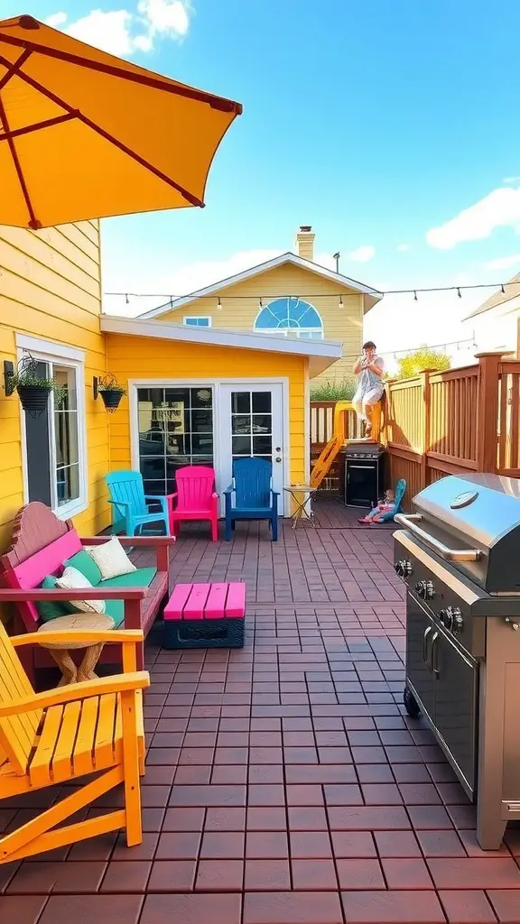 17 Stunning Modern Deck Ideas for Your Outdoor Space 11 A colorful deck with seating and a grill, perfect for family gatherings.