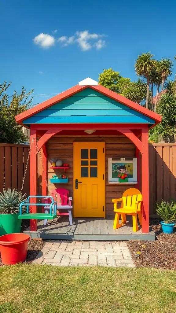 37 Creative Backyard Shed Ideas for Every Style 12 A colorful playhouse shed for kids with a yellow door, teal roof, and seating area.