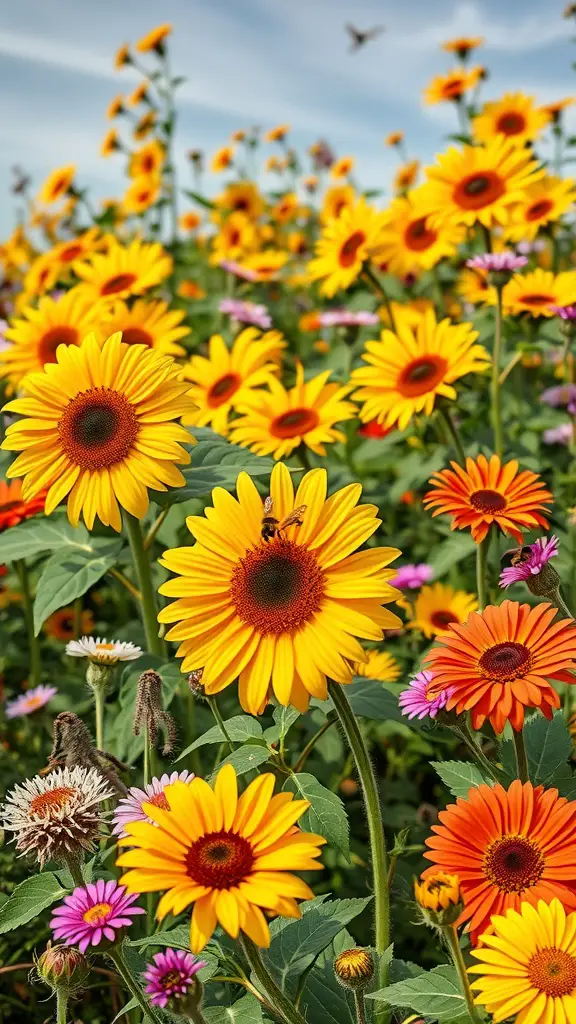 19 Stunning Flower Bed Ideas for Full Sun Gardens 4 A vibrant flower bed featuring sunflowers and various wildflowers attracting pollinators.