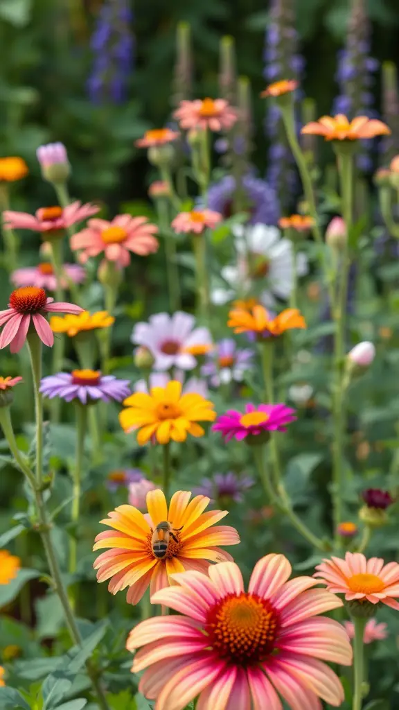 27 Creative Small Garden Plans for Limited Spaces 14 A colorful pollinator garden filled with various flowers and a bee collecting nectar.