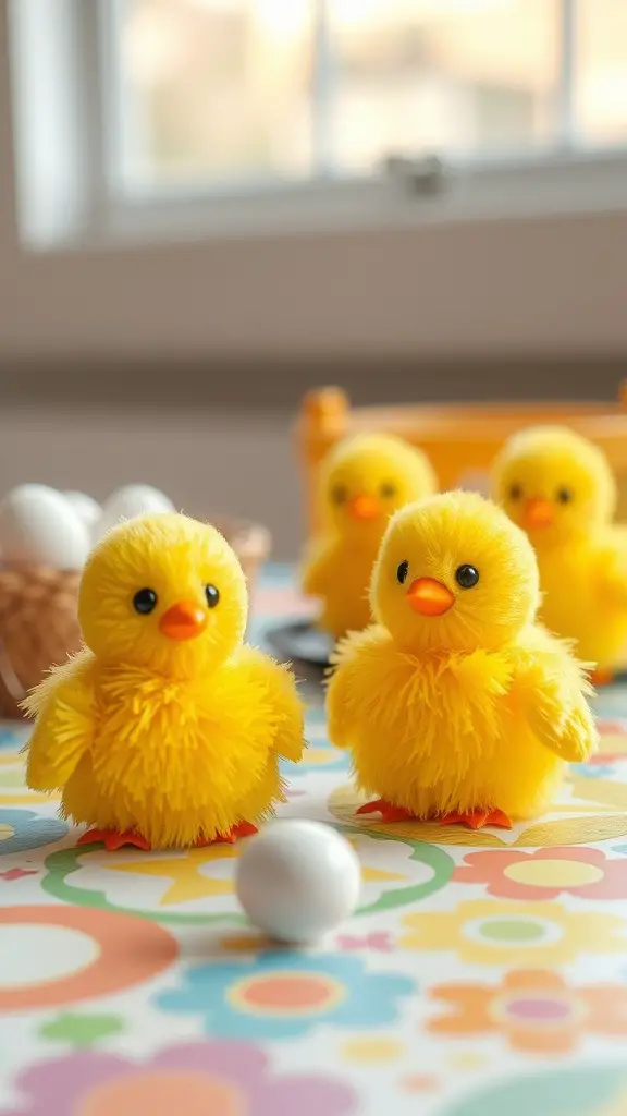 Colorful pompom chicks made from craft materials, decorated with googly eyes and felt beaks.