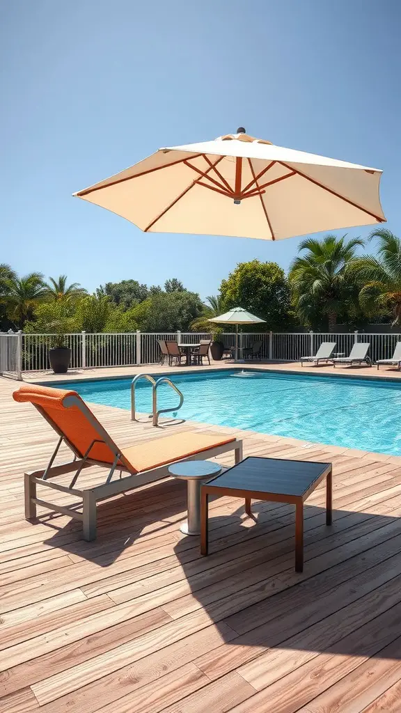 21 Unique Deck Layout Ideas You’ll Love 15 A relaxing poolside deck with a lounge chair, table, and umbrella
