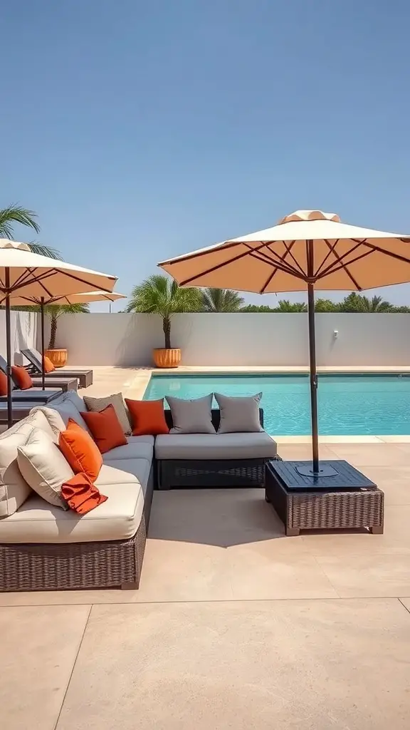 27 Creative DIY Outdoor Sectional Ideas for Your Backyard Retreat 17 A stylish poolside lounging area featuring an outdoor sectional with orange and gray cushions, accompanied by large umbrellas and a clear pool.