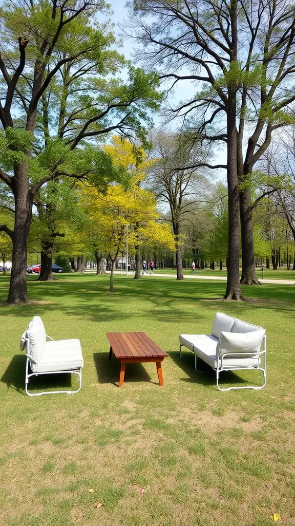 27 Creative DIY Outdoor Sectional Ideas for Your Backyard Retreat 22 A portable outdoor seating arrangement with two chairs and a wooden table in a park setting.