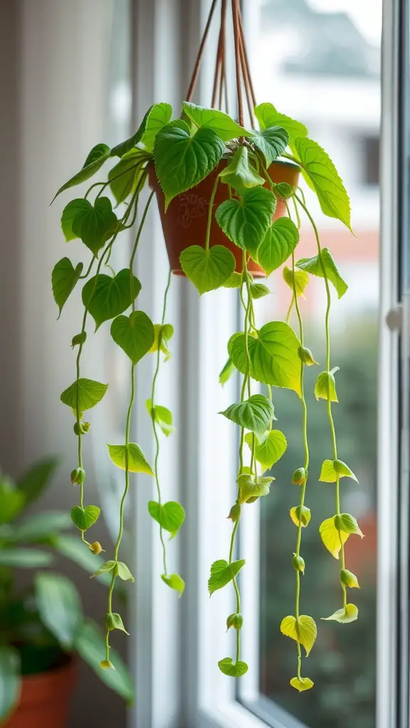 15 Gorgeous Hanging Plants Perfect for Your Windowsill 2 A pothos plant hanging near a window with lush green leaves.