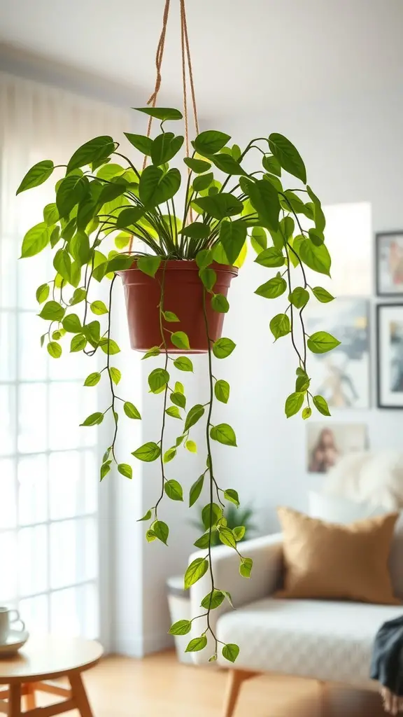 15 Stunning Hanging Plants to Beautify Your Living Room Windows 9 A healthy Pothos plant hanging in front of a window in a cozy living room