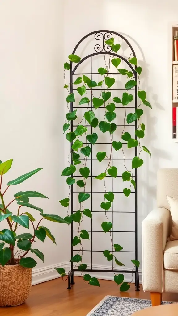 Pothos vine climbing a black trellis in a living room corner, with a potted plant nearby.