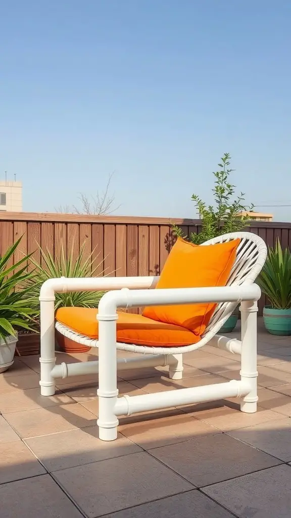 29 Affordable DIY Patio Furniture Ideas for Your Outdoor Space 2 A modern lounge chair made from PVC pipes with an orange cushion, set against a clear blue sky and green plants.