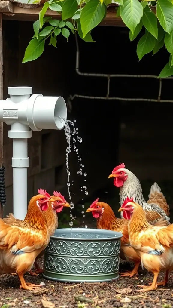 17 Creative DIY Chicken Waterer Ideas for Your Coop 6 A PVC pipe watering system providing fresh water to chickens in a garden setting.